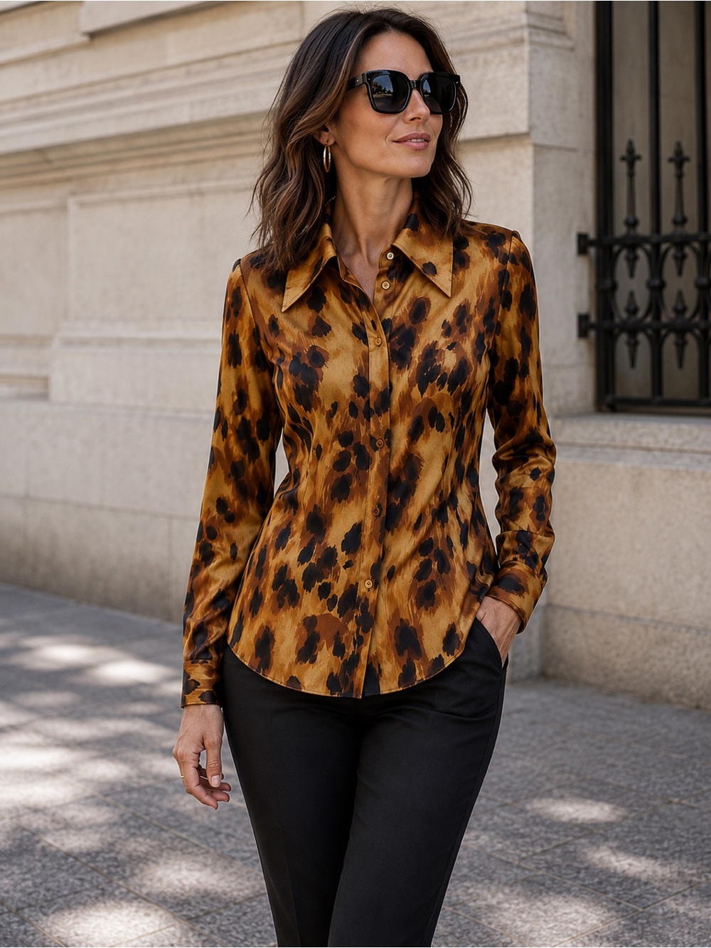 100% Silk Leopard Print Blouse - browns, golds & black - excellent cond.